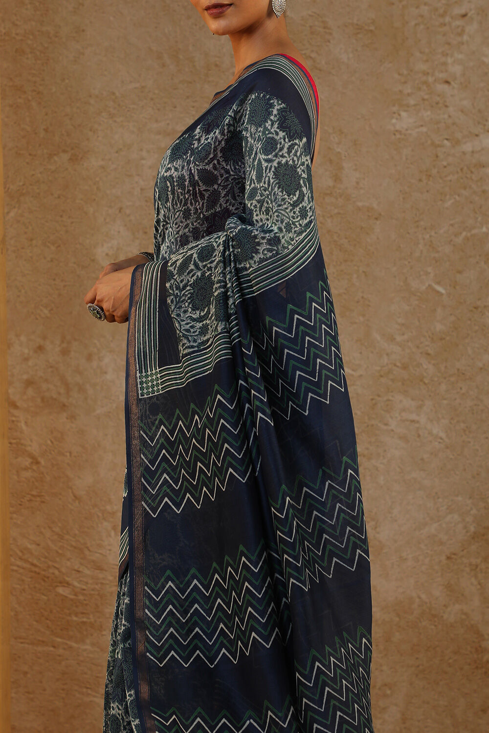 Blue Block Printed Pure Silk Cotton Chanderi Saree image number null