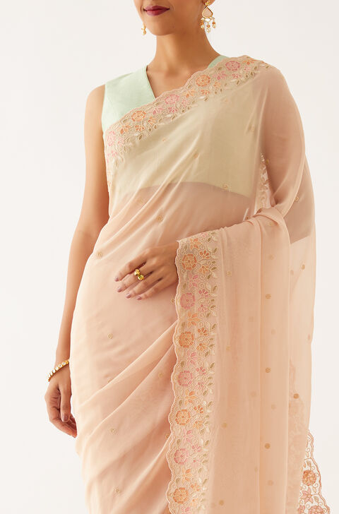 Light Beige Viscose Georgette Embroidered Saree