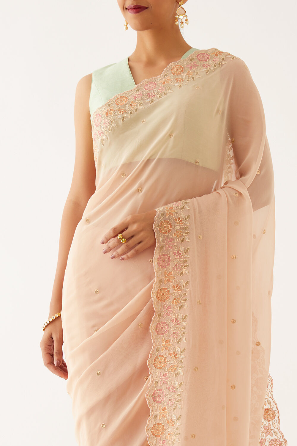 Light Beige Viscose Georgette Embroidered Saree image number null