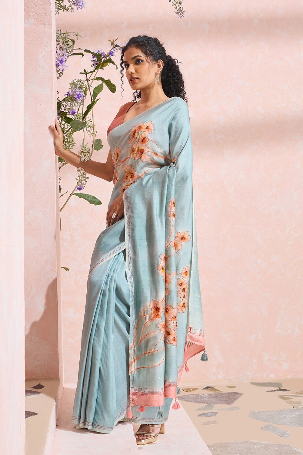 Light Blue Bengal Pure Silk Hand Painted Saree image number null