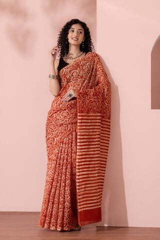 Dark Orange Ujjain Batik Pure Silk Cotton Saree thumbnail image number null