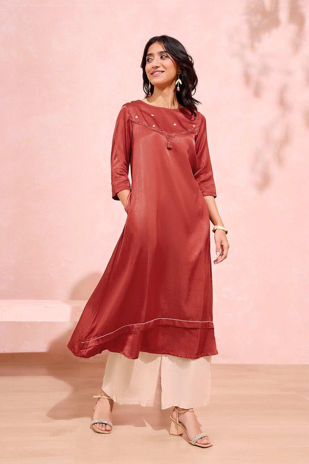 Dark Orange Viscose Cotton Embroidered Kurta Set image number null