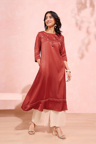 Dark Orange Viscose Cotton Embroidered Kurta Set image number
