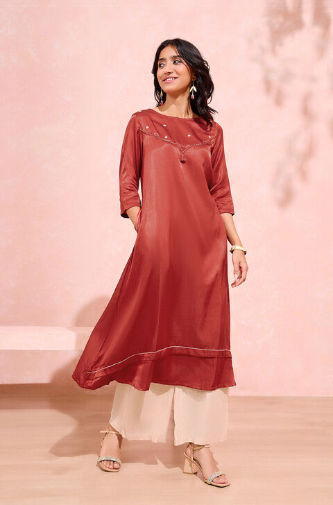 Dark Orange Viscose Cotton Embroidered Kurta Set