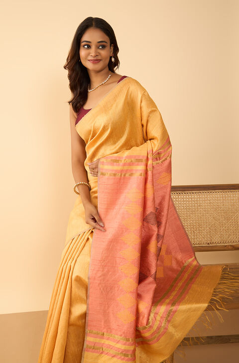 Dark Yellow Bhagalpur Woven Pure Silk Saree