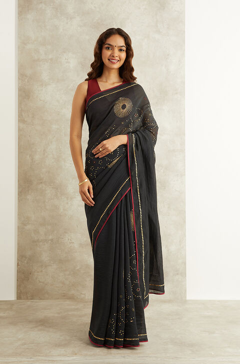 Black Block Printed Pure Silk Cotton Bengal Saree
