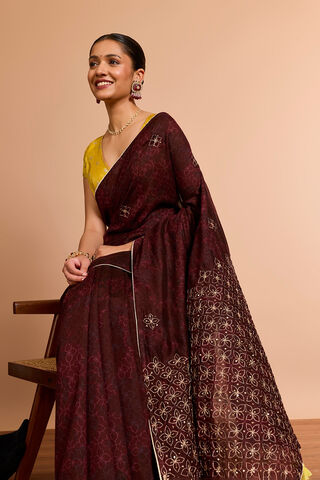 Brown Pure Silk Cotton Printed Embroidered Saree image number