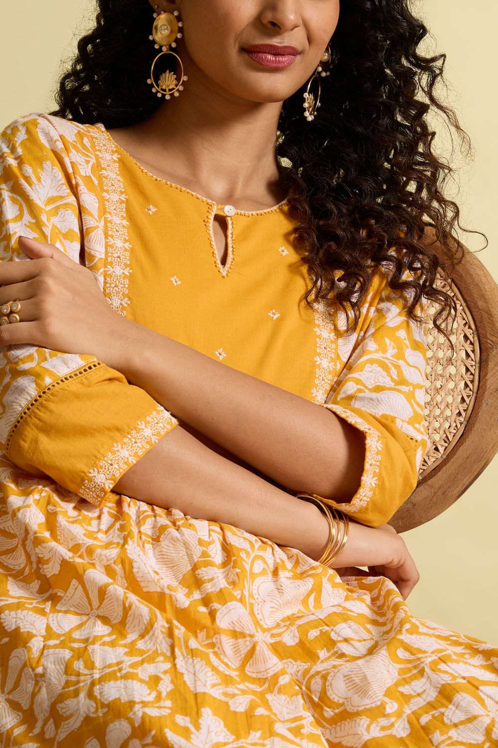 Yellow Pure Cotton Printed Embroidery Kurta image number null