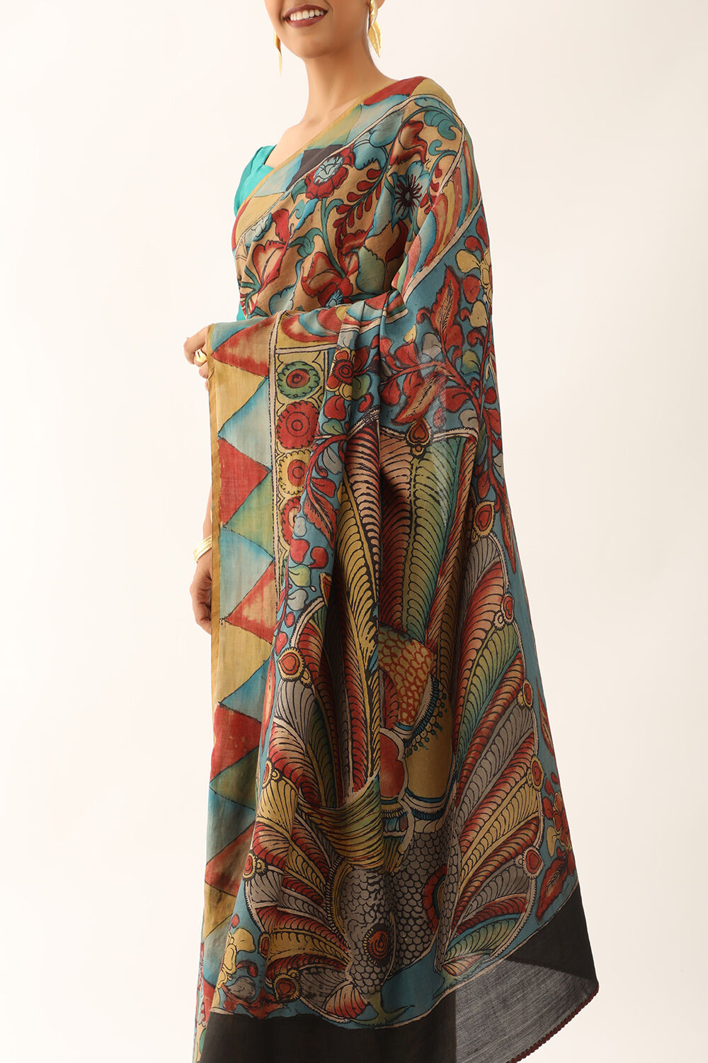Yellow Srikalahasti Pure Silk Kalamkari Saree image number null