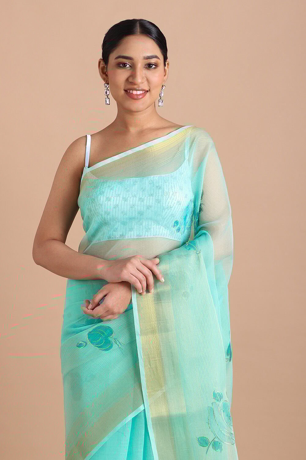 Blue Pure Embroidered Saree image number null