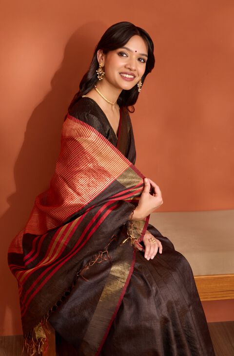 Black Pure Tussar Silk Bhagalpur Woven Saree