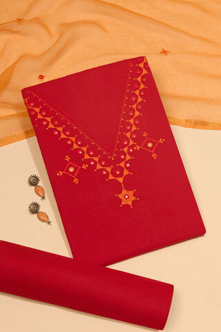 Dark Red Pure Cotton Embroidered Unstitched Suit Set image number