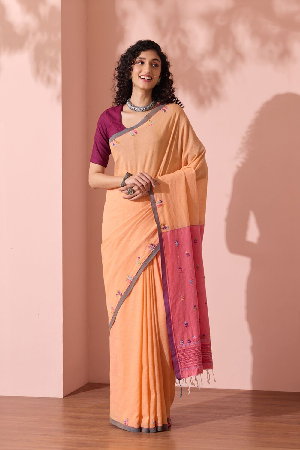 Light Orange Bengal Pure Cotton Embroidered Saree image number null