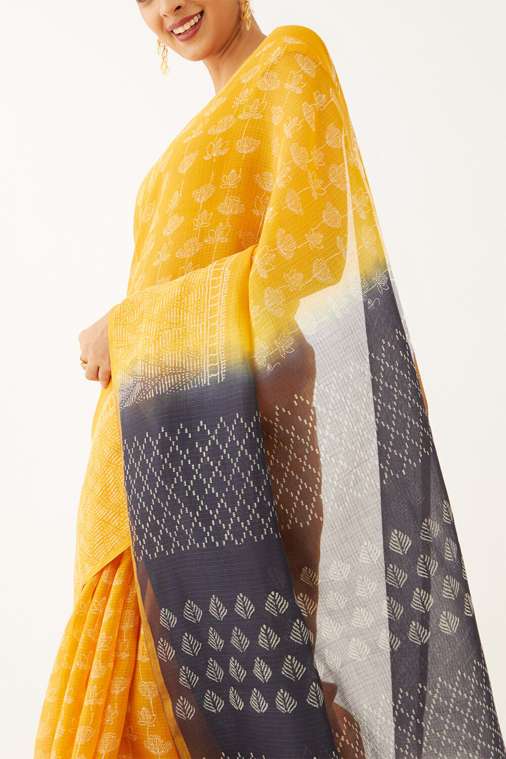 Yellow Pure Silk Kota Block Print Saree image number null