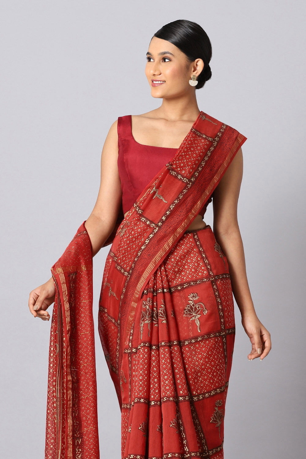 Red Pure Silk Cotton Sanganeri Printed Saree image number null