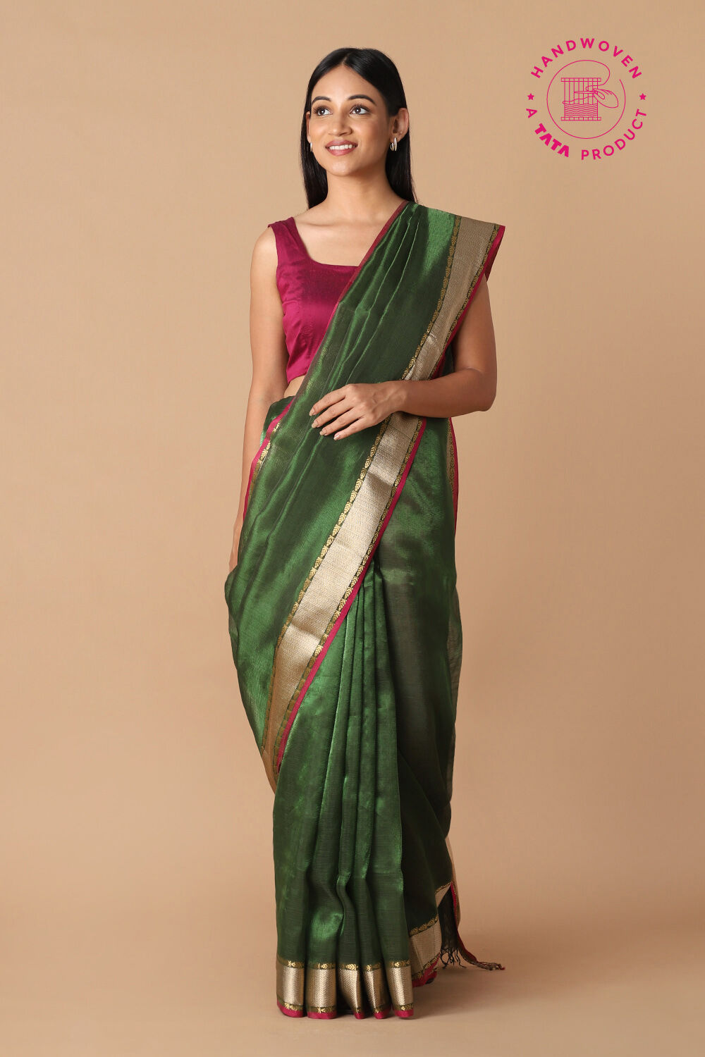 Dark Green Pure Tissue Silk Maheswari Saree image number null