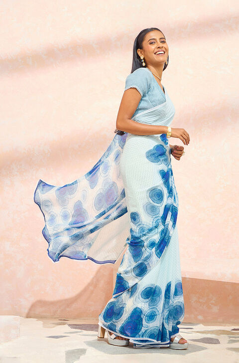 Blue Printed Viscose Georgette Saree