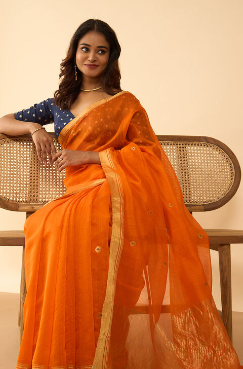 Orange Woven Pure Silk Cotton Chanderi Saree