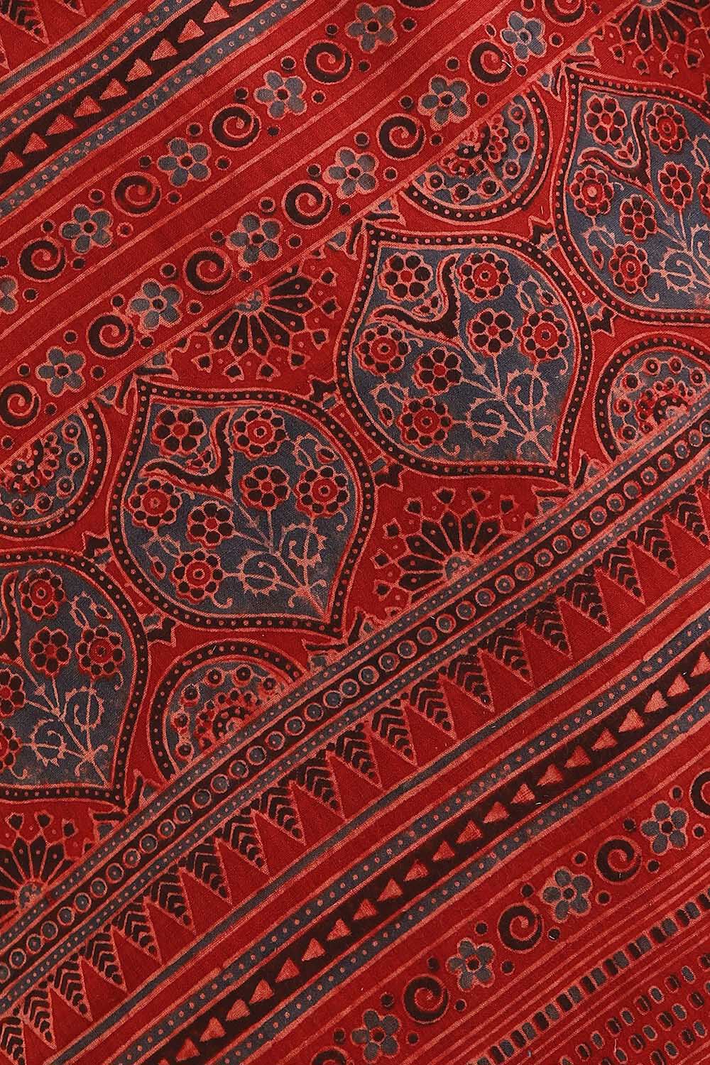 Red Pure Khadi Cotton Ajrakh Printed Saree image number null