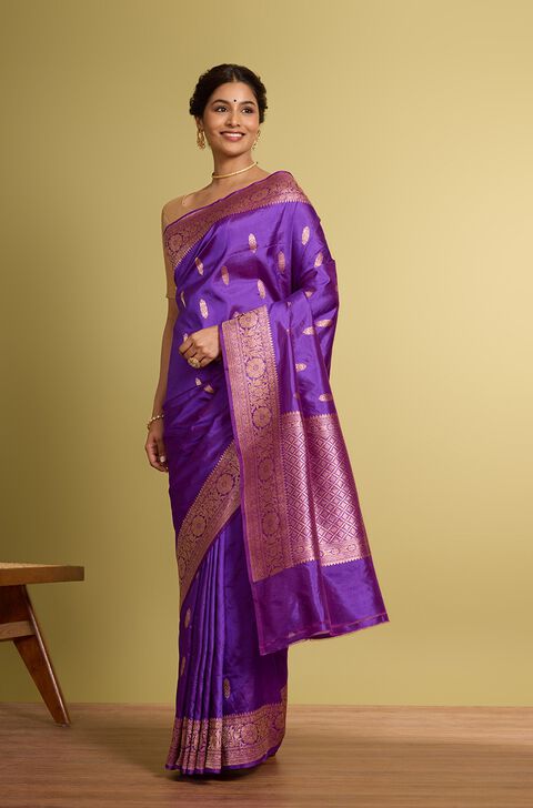 Dark Violet Pure Silk Kadwa Banarasi Saree