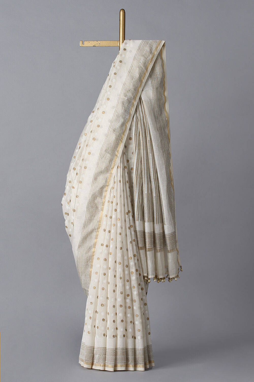 Off White Pure Silk Cotton Hand Printed Saree image number null