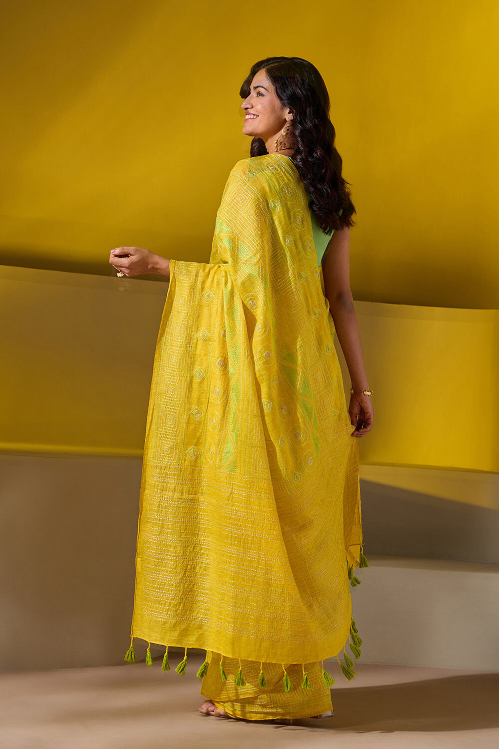 Yellow  Pure Tissue Linen Embroidered Saree image number null