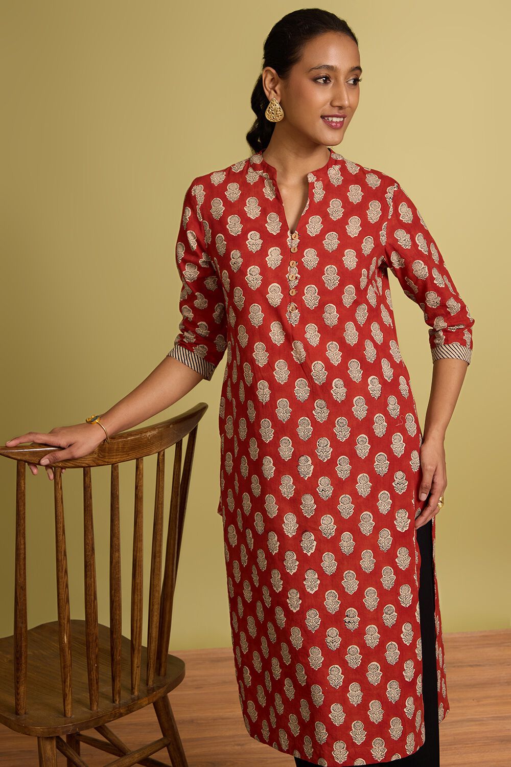 Dark Red Bagru Block Printed Pure Cotton Kurta image number null