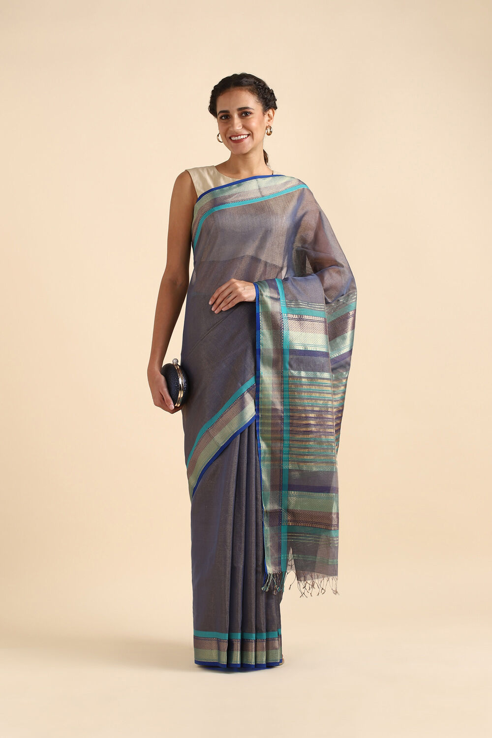 Grey Pure Cotton Tissue Maheswari Saree image number null