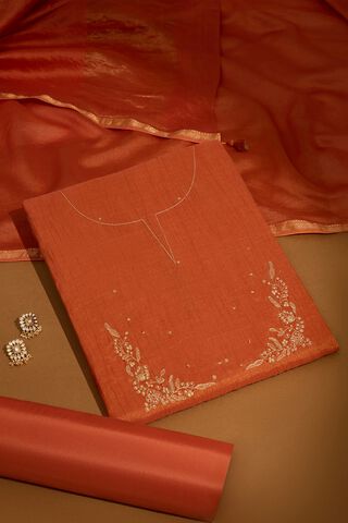 Orange Pure Tissue Cotton Embroidered Unstitched Suit Set image number