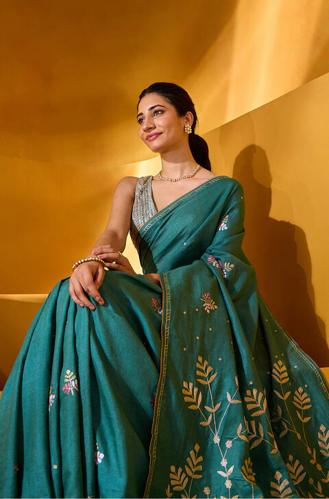 Blue Tussar Muga Embroidered Saree