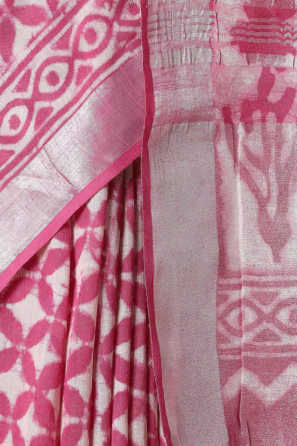 Pink Pure Cotton Linen Bagru Printed Saree image number null