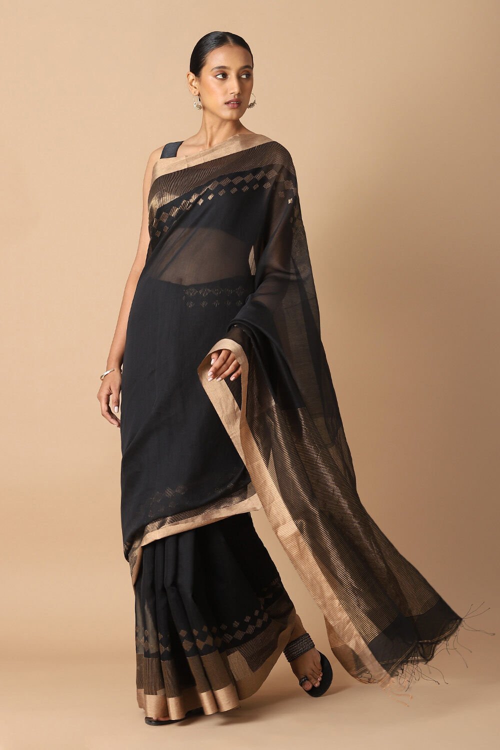 Black Pure Silk Cotton Jamdani Saree image number null