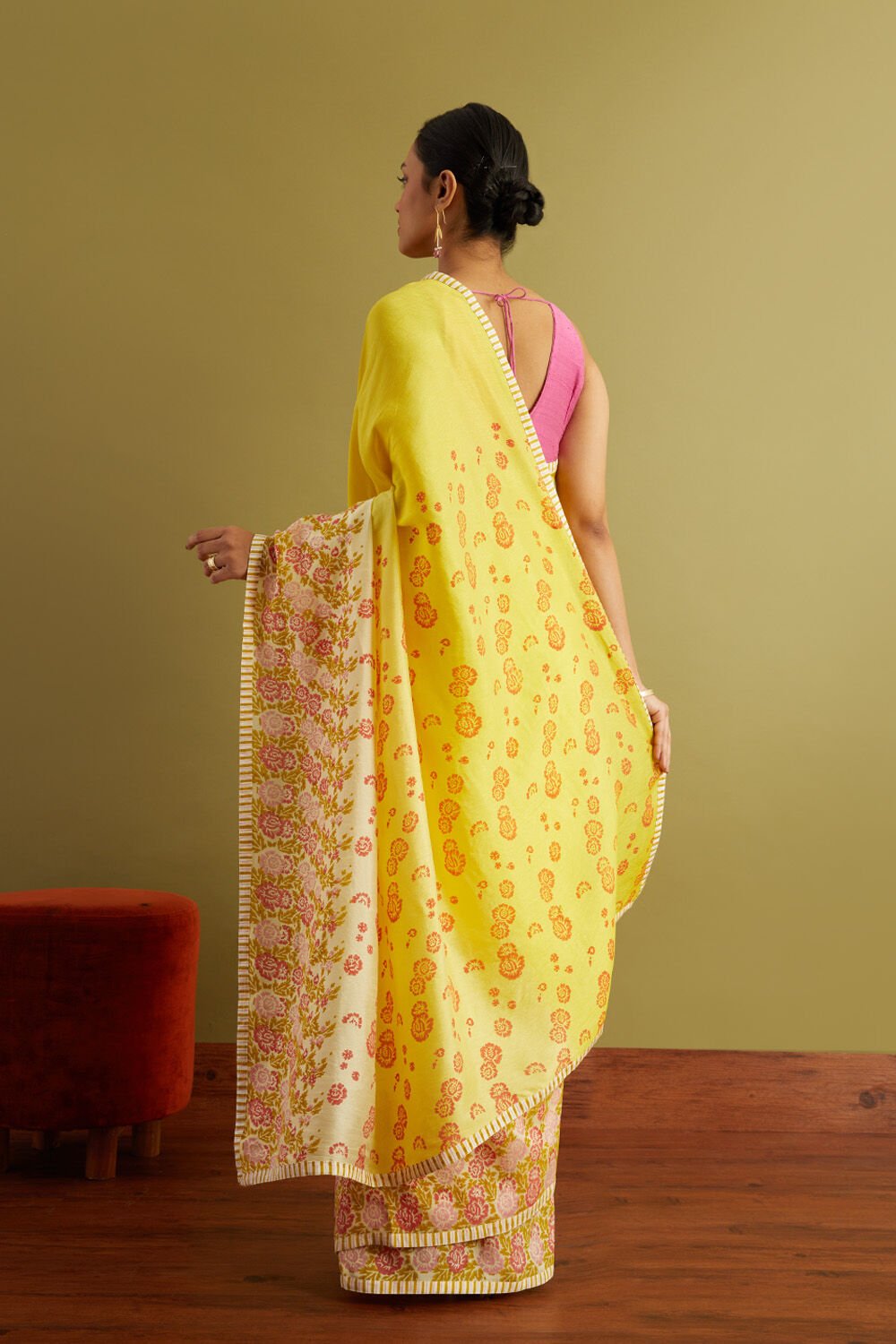 Yellow Block Printed Viscose Luxe Saree image number null