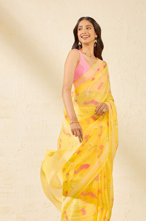 Yellow Screen Printed Viscose Organza Saree
