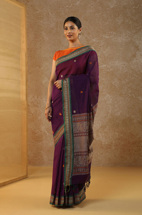 Purple Woven South Pure Cotton Saree