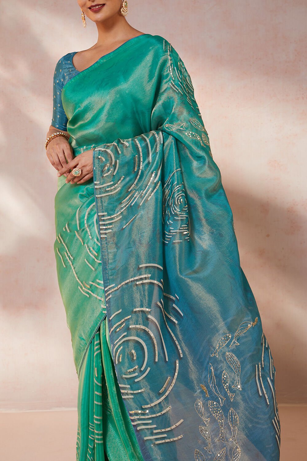 Blue Viscose Tissue Embroidery Saree image number null