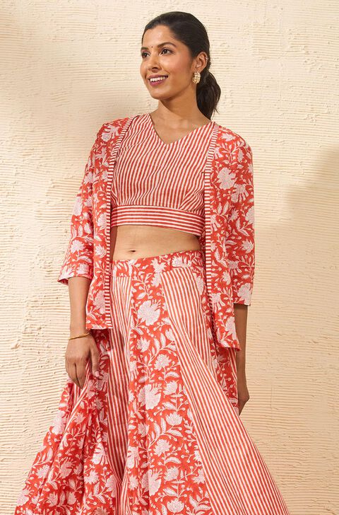 Orange Rajasthan Block Printed Pure Cotton Lehenga