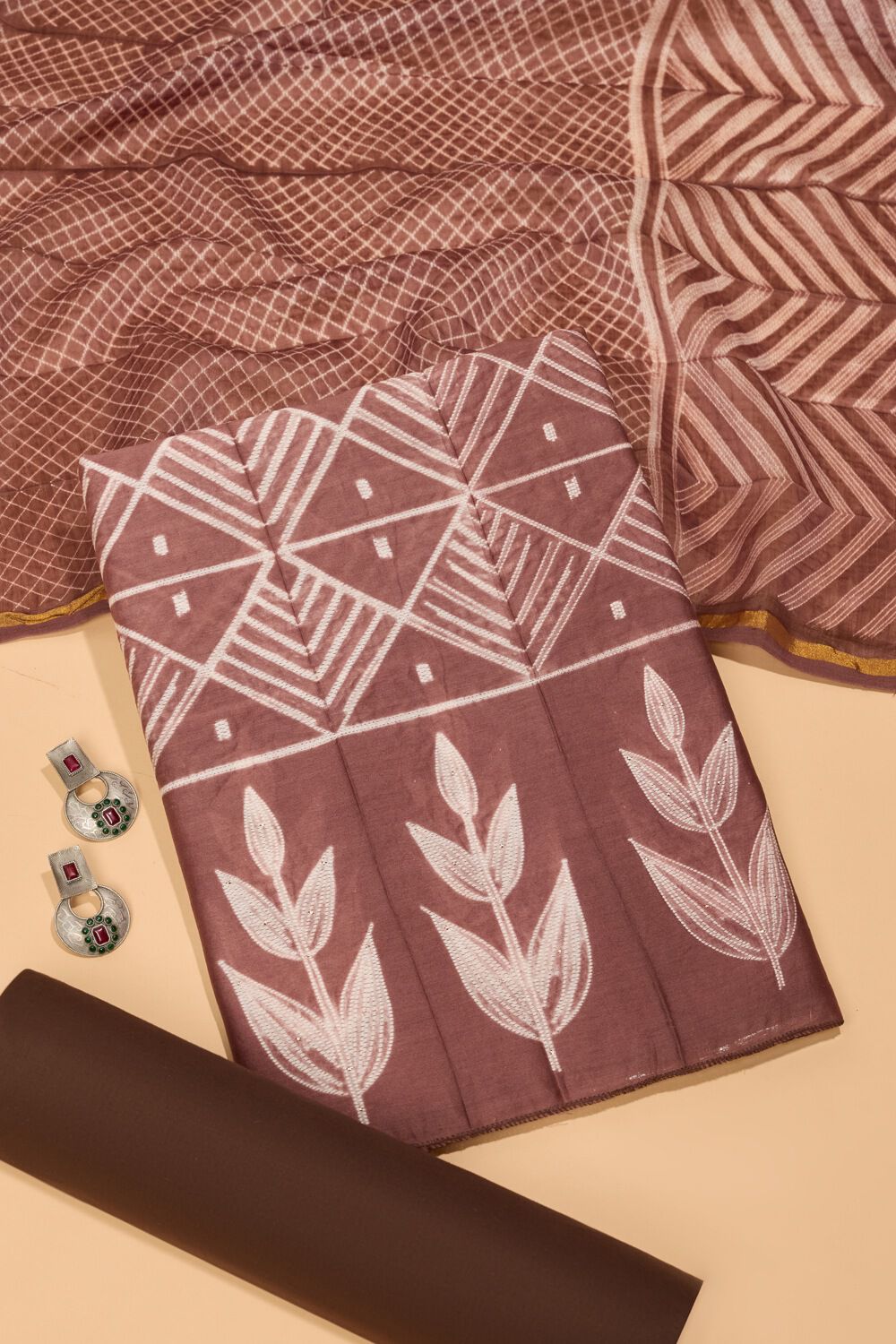 Brown Pure Silk Cotton Tie & Dye Shibori Unstitched Suit Set image number null