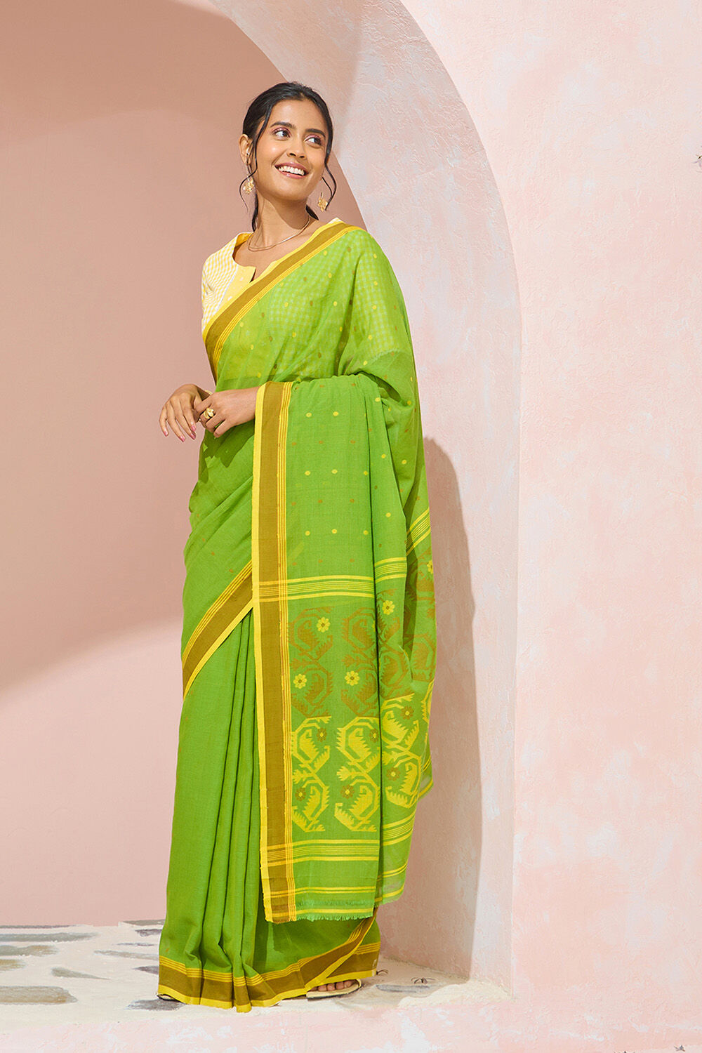 Green Cutwork Pure Cotton Bengal Saree image number null
