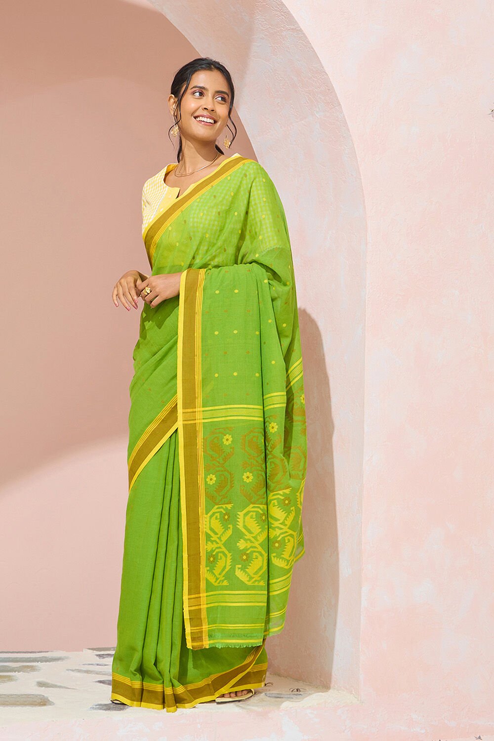 Green Cutwork Pure Cotton Bengal Saree image number null