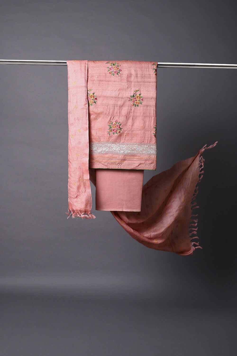 Pink Tussar Embroidered Unstitched Suit Set image number null