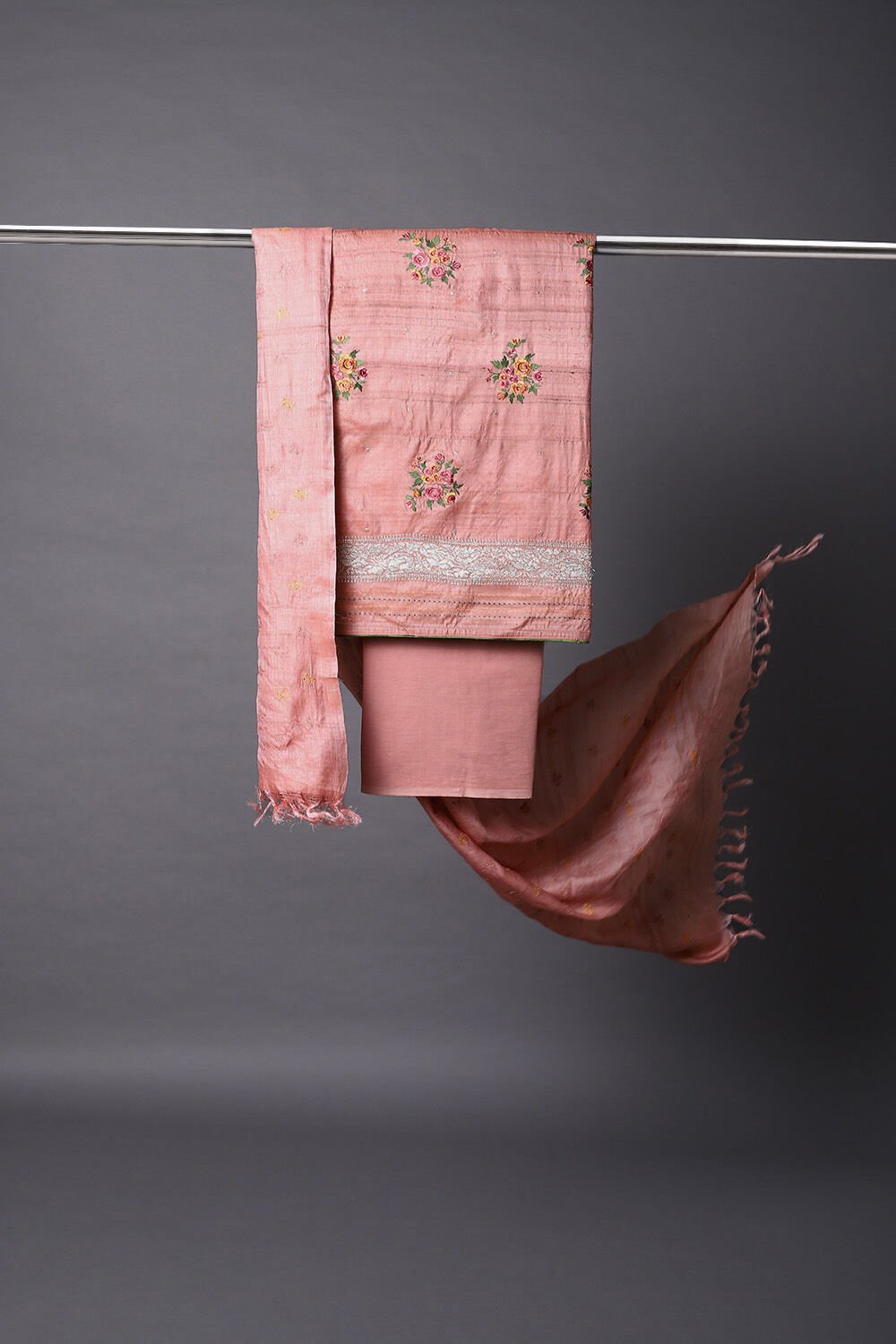 Pink Tussar Embroidered Unstitched Suit Set image number null