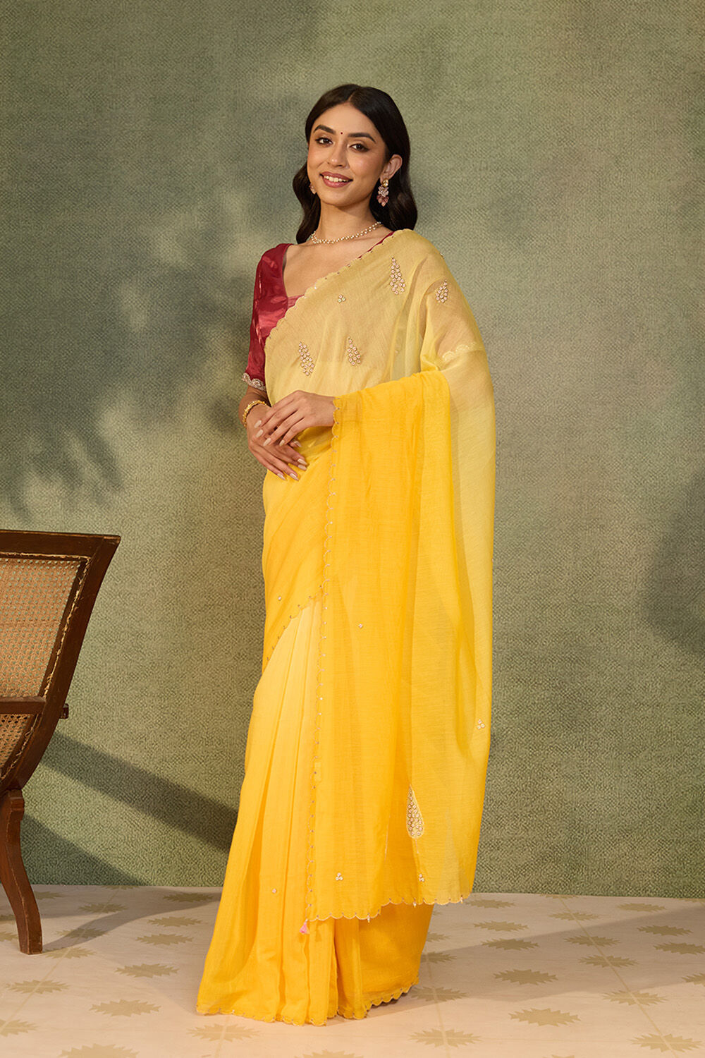 Yellow Pure Silk Cotton Embroidered Saree image number null