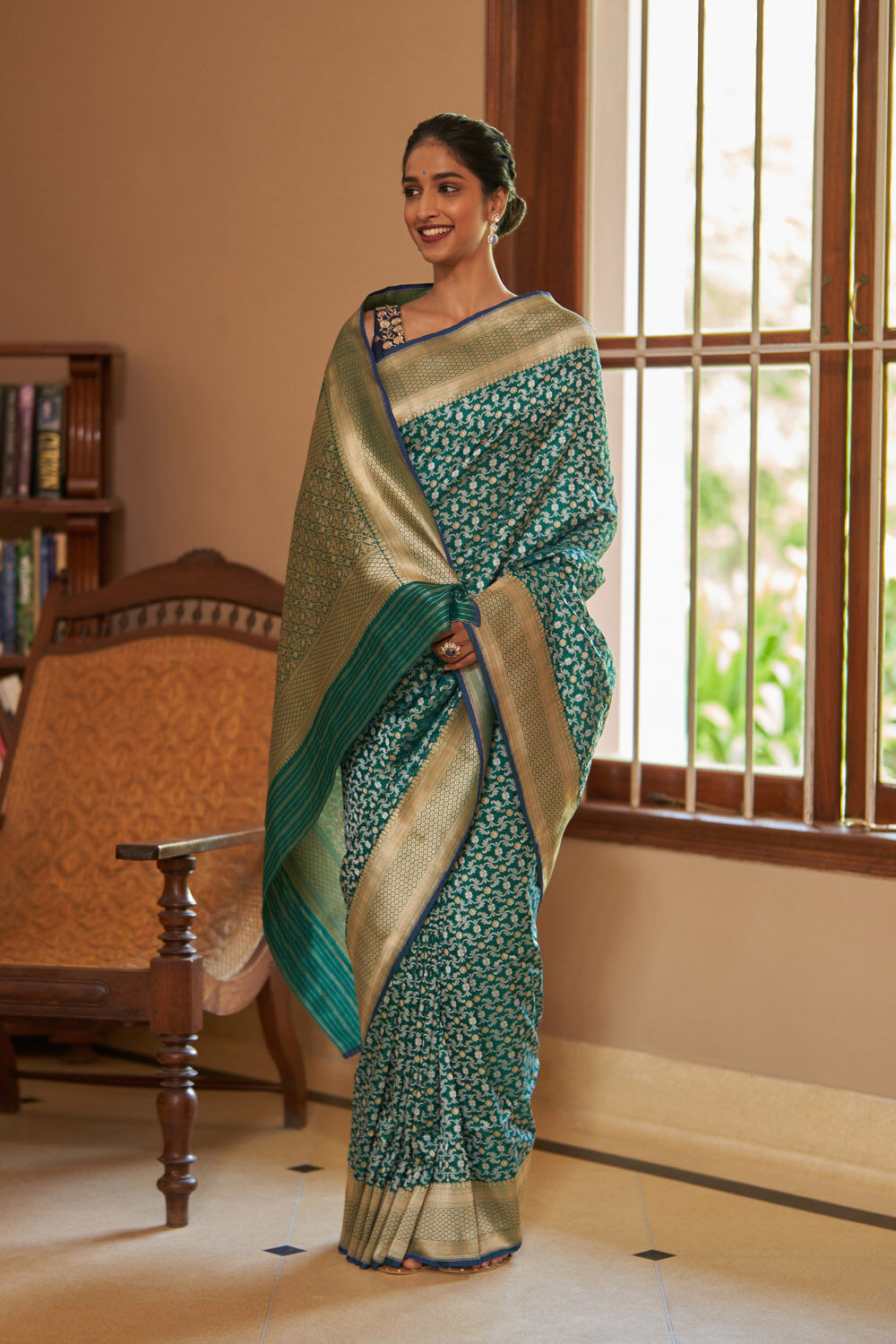 Dark Green Pure Silk Woven Banarasi Saree image number null