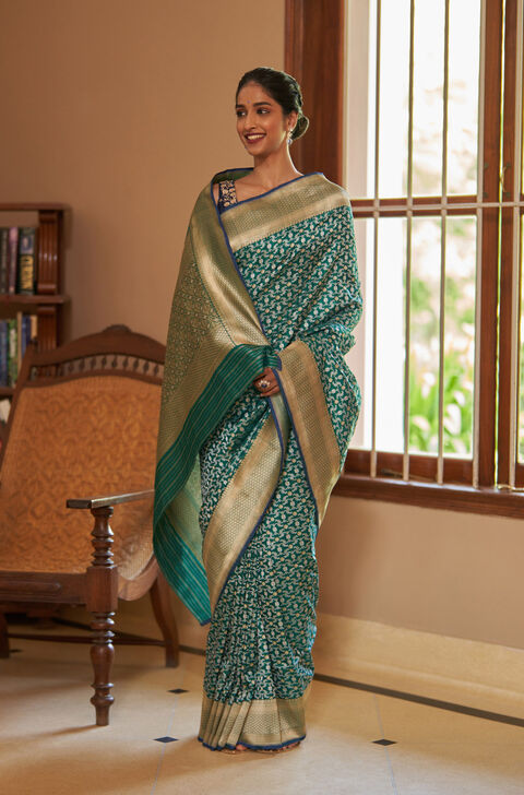 Dark Green Pure Silk Woven Banarasi Saree