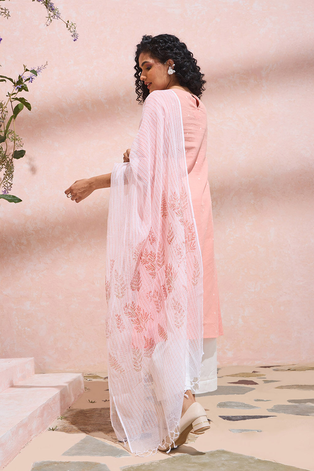 Light Orange Pure Cotton Printed Embroidery Kurta Set image number null