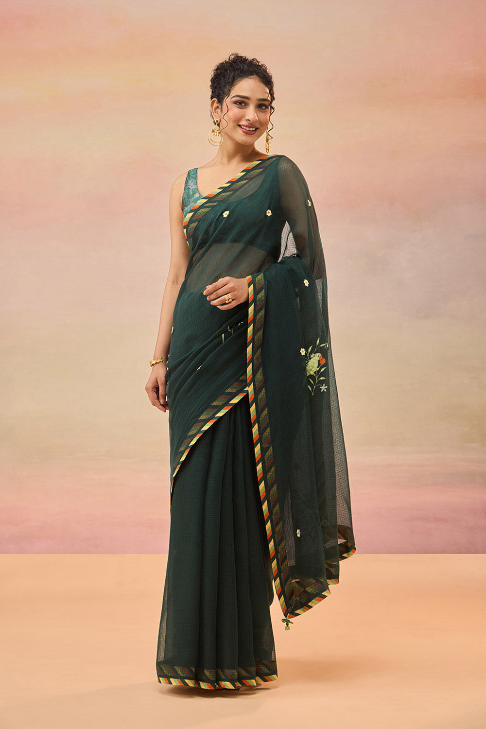 Dark Green Embroidered Pure Cotton Kota Saree image number null