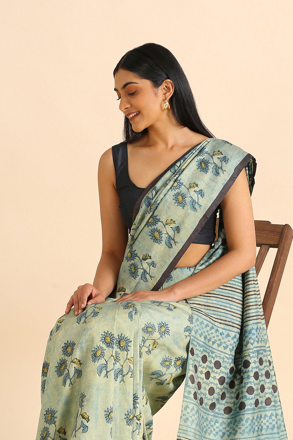 Blue Ajrakh Hand Blockprinted Pure Silk Saree image number null