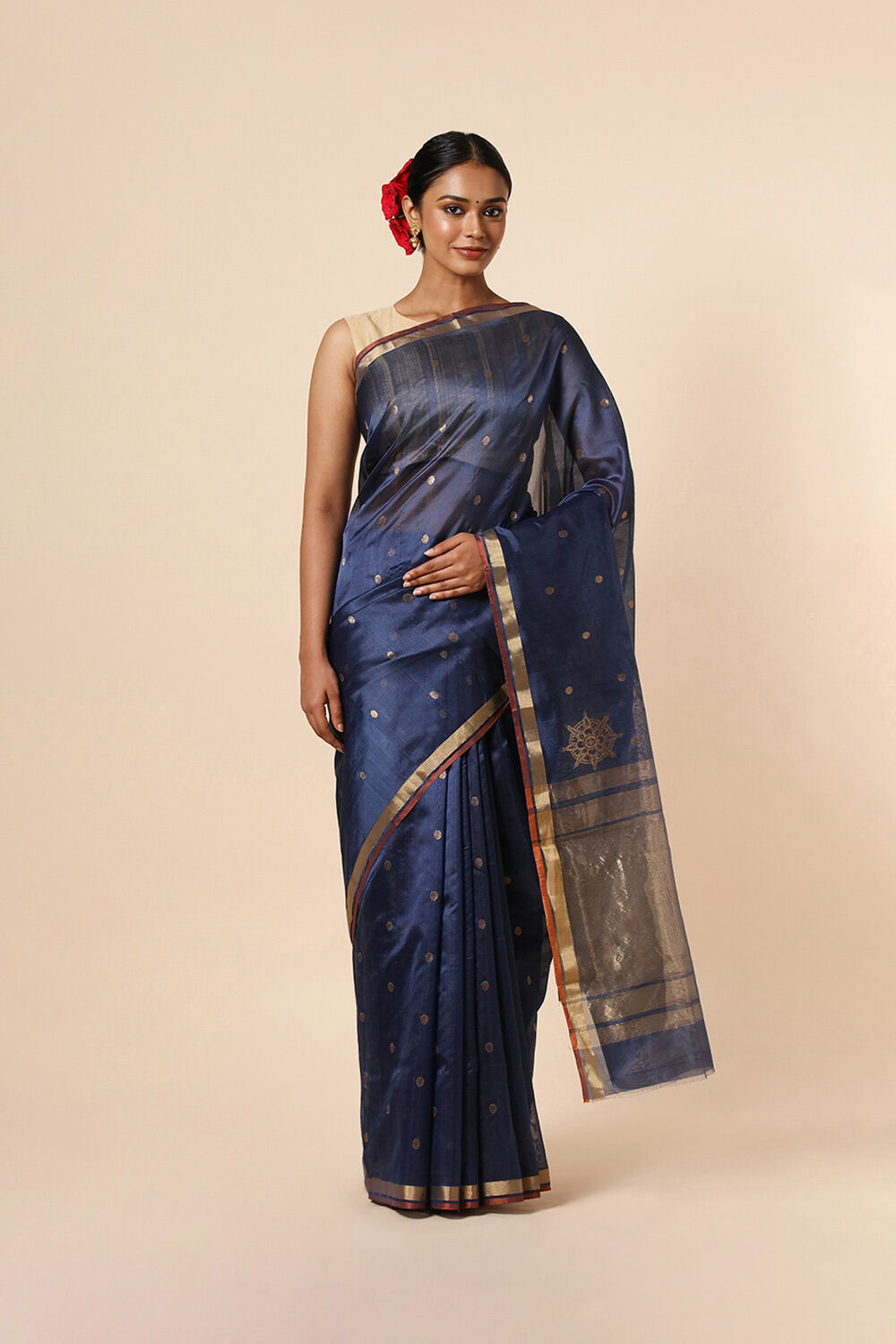 Dark Pure Blue Silk Chanderi Saree image number null