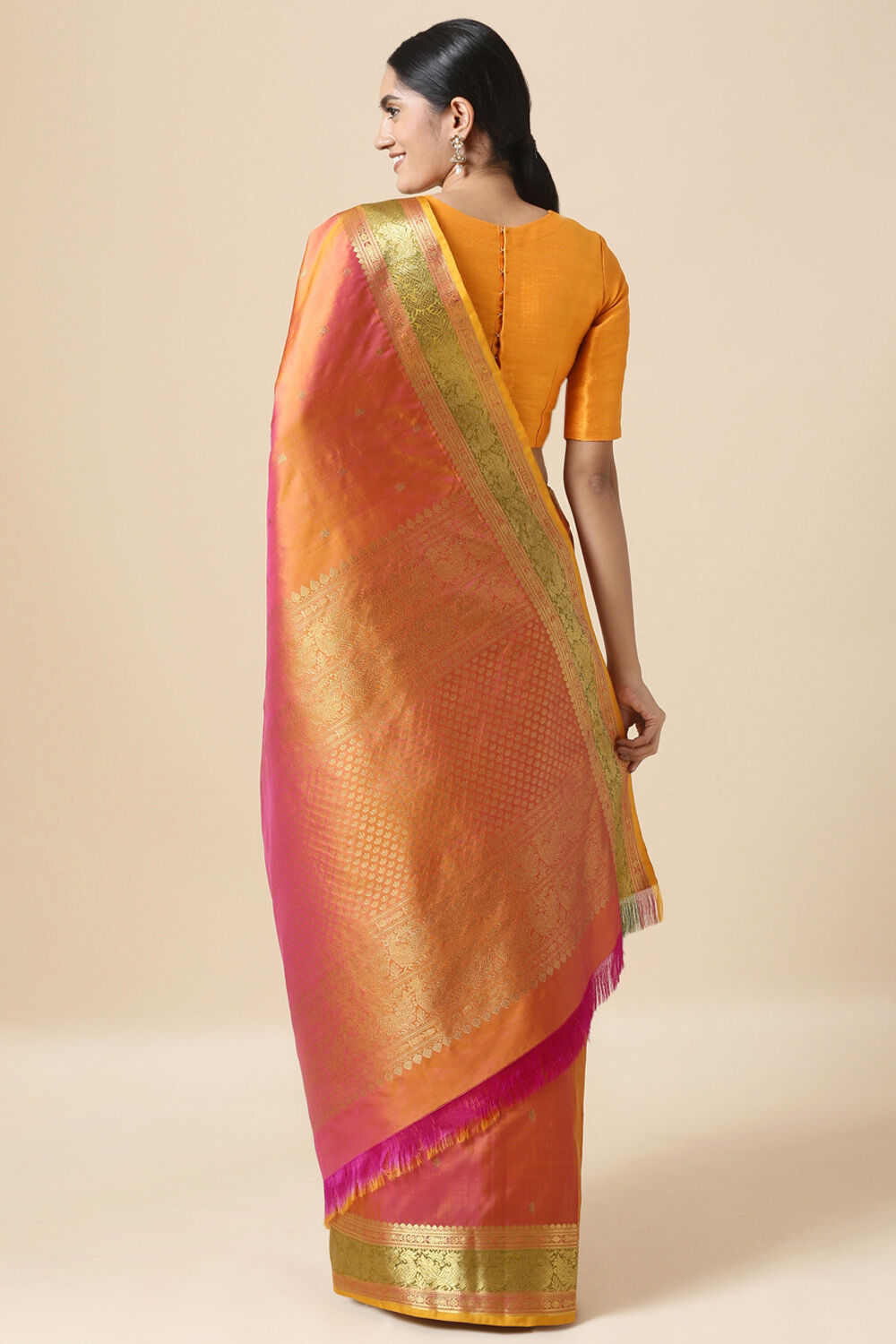 Orange Pink Kanjivaram Pure Silk Saree image number null